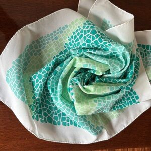 Elegant Green and white geometric, Patterned Scarf 21“ x 21“ hand rolled